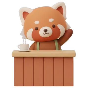 The Brewdoku barista, a red panda in a sage apron, waving from behind his wooden counter.