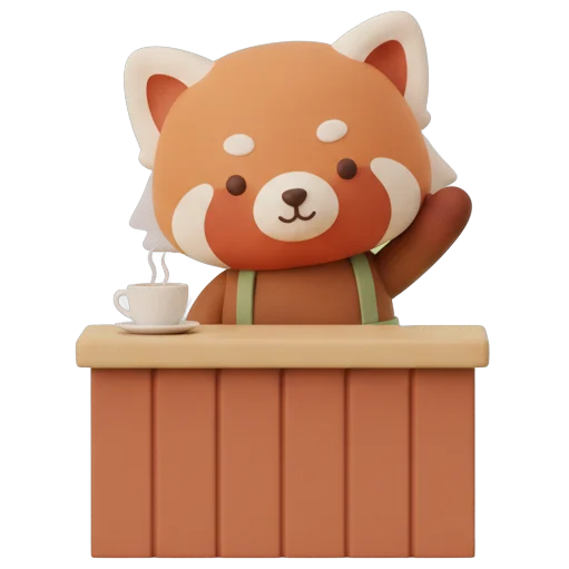 The Brewdoku barista, a red panda in a sage apron, waving from behind his wooden counter.