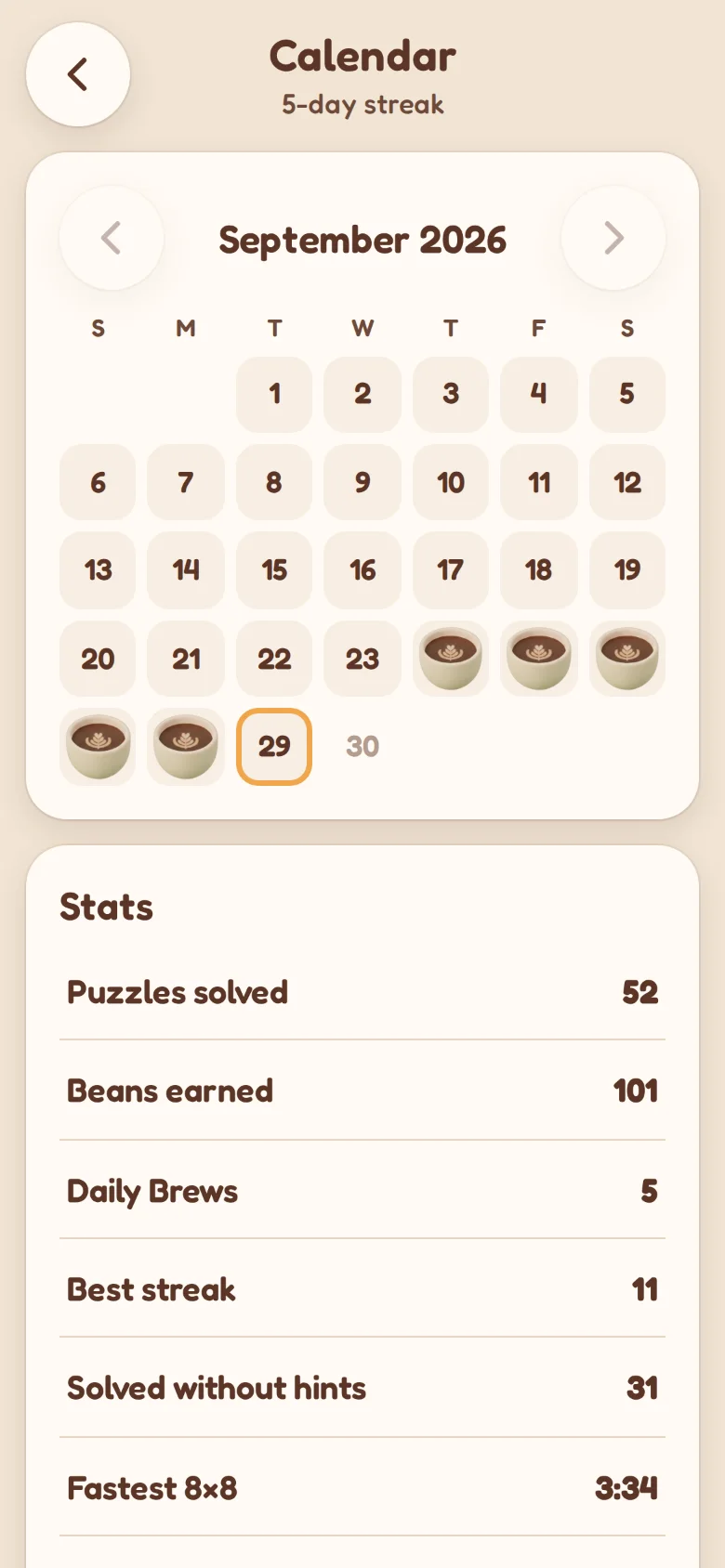 The calendar in the app: September 2026 with a cup on every day that was brewed, and the stats below.