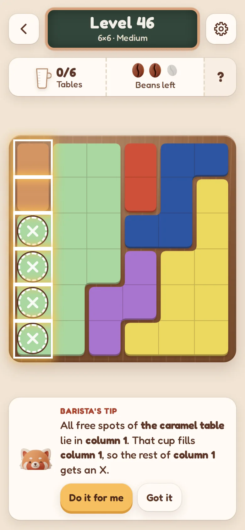 A hint in the app: part of the board is outlined and the barista’s tip explains the next step in plain words.