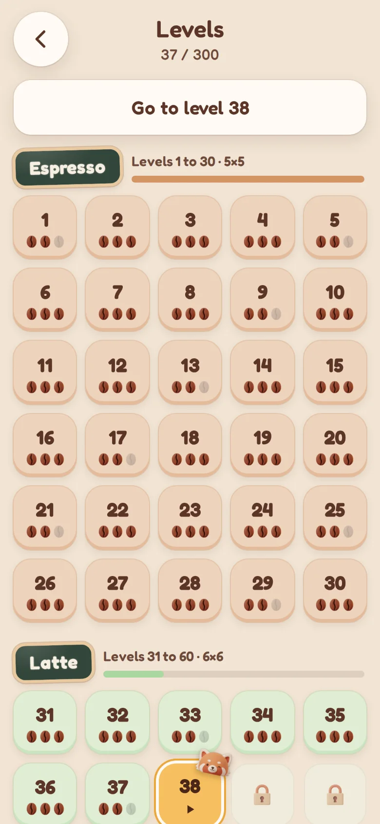 The level map in the app: the Espresso and Latte blocks, levels with their beans, and level 38 up next.