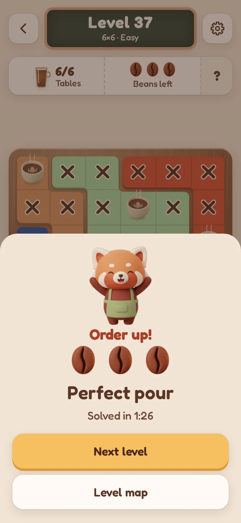 A solved level: the barista cheers, Order up, three beans, Perfect pour.